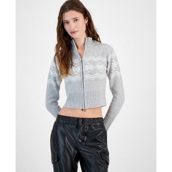 Planet Heart Juniors' Fair Isle Zip-Front Sweater - Light Heather Grey, XS - Picture 1 of 1